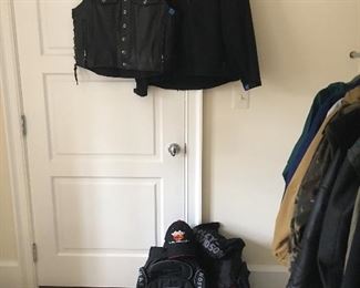 Lots of Harley-Davidson apparel - jackets, vests, boots, backpack, etc.