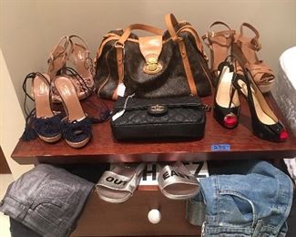Louis Vuitton and Chanel bags, Louboutin patent sling-backs, Prada slides, Aquazzura wedges

