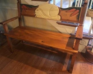 Carved painted Bunny Bench