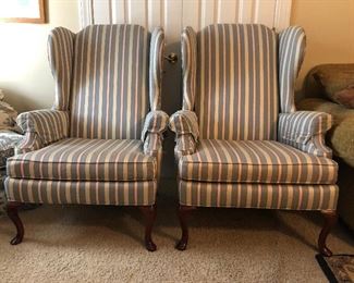 pair of Striped Wing back queen Ann style chairs