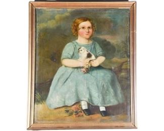 1. 18th19th Century Primitive Style Portrait Painting Young Girl Holding a Dog