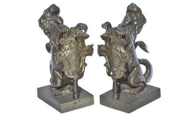 0026 Pair Bronze Lion Fireplace Ornaments
