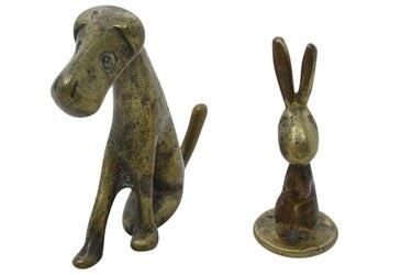 0030A Two Vintage Art Deco Bronze Figurines Dog Rabbit