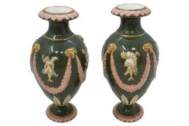 0031 Pair Antique Tri Color Wedgwood Vases