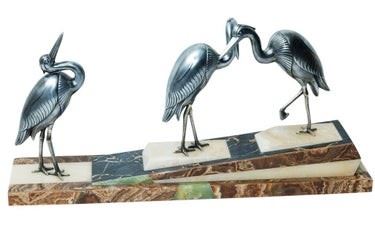 0064 Art Deco Polished steel Marble Bird Sculpture
