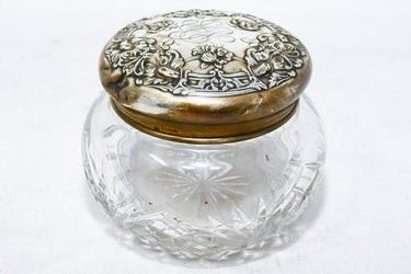 0078 Antique Cut Glass Notions Jar w Sterling Lid
