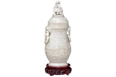 0086 Antique Carved Ivory Urn Vessel w Wooden Base