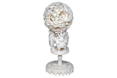 0130 Carved Ivory Puzzle Ball w Elephants Stand