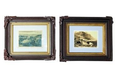 0141 Pair Victorian Walnut Framed Pastoral Etchings