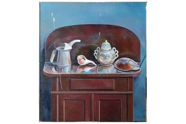 0163 Contemporary Oil on Canvas Tea Set on Cabinet