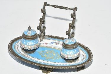 0193 19th Century Enameled Porcelain and Bronze Inkwell