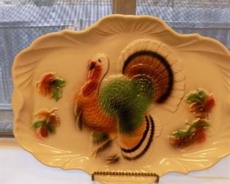 Vintage stoneware turkey platter...gobble, gobble