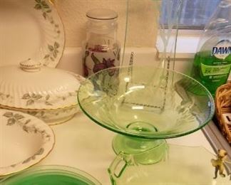 green depression glass pieces