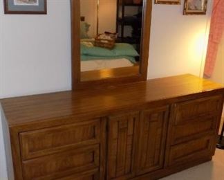 Dixie mid century oak triple dresser and mirror