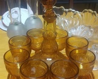 Indiana Glass Amber Decanter Set with Cordials and Tray