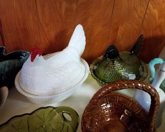 Westmoreland Milk Glass Hen on Nest, Indiana Green Glass Hen on Nest