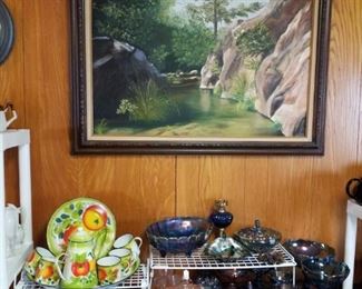 Pyrex, Carnival Glass, Enamel Bowl with Coffeepot and Cups