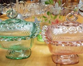 Hocking Depression Glass Vintage Old Colony Pattern Footed Compotes in Pink and Green