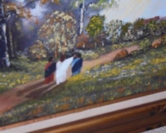 Beautifully framed oil painting of Jesus & 2 followers   signed