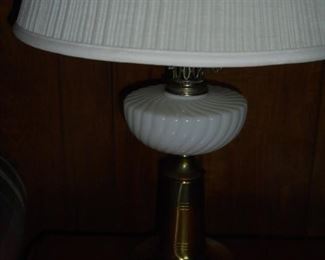 1 of 2 matching brass  milk glass lamps