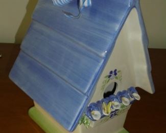 Blue roof ceramic birdhouse