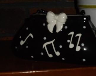 Ceramic musical notes purse coin bank w/stopper