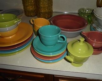 4 Place setting Fiesta Ware (green/gray/yellow/ & turquoise) soup bowls/cream sugar/cups/ plates/saucers/platter