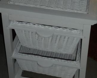White wood & wicker stand w/2 wicker drawer baskets
