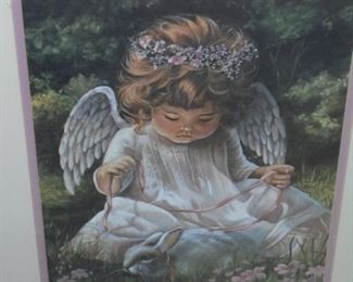 Matted & framed 'Child Angel w/Rabbit' picture
