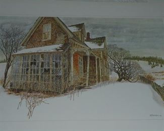 Lithographs: Old worn out house in winter snow