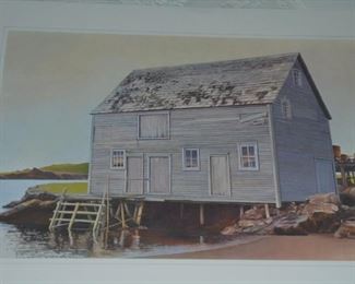 Lithographs: Tattered building by the water