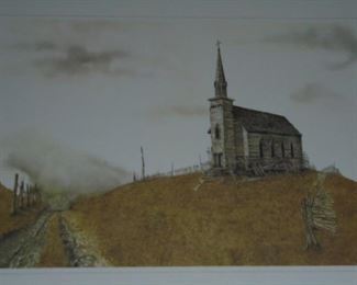 Lithographs: Old  church building on top of hill