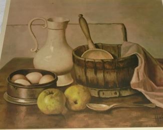 Still life of pitcher, basket, apples, eggs
