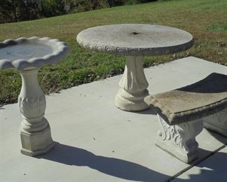Concrete round table w/bench and birdbath
