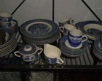 vintage mixed 'Blue Willow' 8 place setting dishes. Plates/cups/saucers/cream & sugar/dessert bowls & dessert plates.
