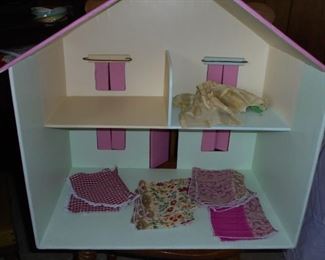 Pink hand made wood doll house w/curtains - made late 60's 
