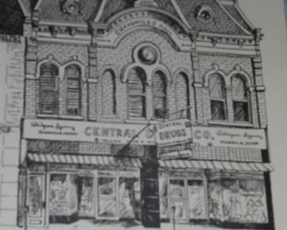 Pen & ink Drawings of sites here in Cleveland:  Central Drugs Building