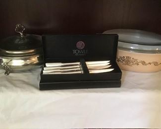 Towle Stainless Steel Knives, Vintage Pyrex and Pairpoint Serving Dish