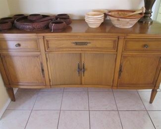 64" X 20" Matching Sideboard, 3-Drawers & Lower Cabinets. Also Note: Vintage Carved Salad Bowl Set from Indonesia on the left + another Salad Bowl Set.