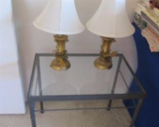 Glass-Top/Metal Frame End Table + Dresser Lamps