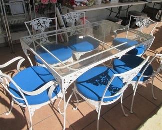 Gorgeous Vintage Wrought Iron Table/6-Chairs, Glass Top & Upholstered Seats
