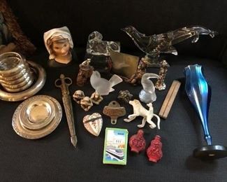 Vintage Head Vase, Lalique Bird, Jay Strongwater Monkey Picture Frame, Asian Snuff Bottles, Baccarat