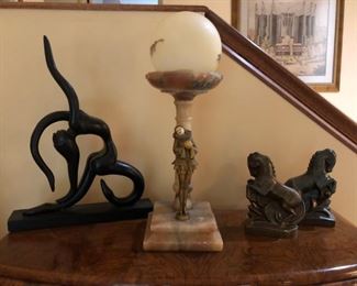 Art Deco Spelter & Onyx / Alabaster Gergado Harlequin Pierrot Statue / Lamp, Bookends