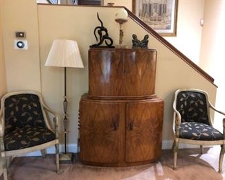 Art Deco Walnut Bar,  Marble Floor Lamp, Pair of Arm Chairs
