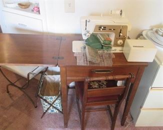 Singer 'Touch & Sew' Machine, Parts & Accessories + Sewing Basket and Cabinet with Chair