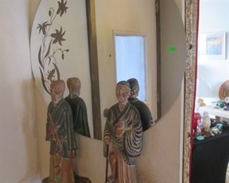 Wall-Mount Mirror with Embellished Floral Design +  2-Sculpted Asian Figurines, Stands Sold Separately.