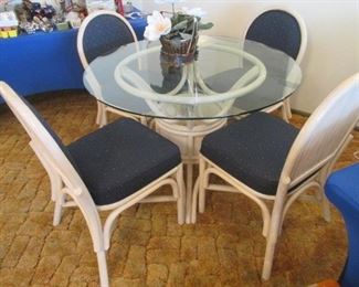Round Dinette Table/4-Chairs, Glass Top with Bamboo-Style Frames & Blue Upholstery