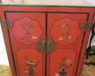 Stunning Red Asian-Flair Chest with Painted Detail and Bronze Hardware + Glass Top