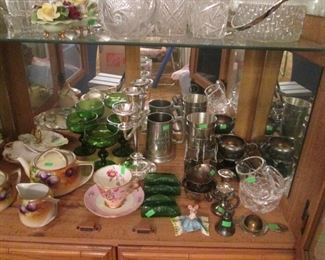 Vintage Green Glass Pieces, Tea Set, Candy Dish, Pewter Tankards, Candelabras