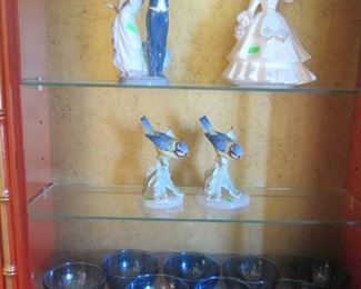 Lladro "Let's Make Up", Porcelain Birds & Figurines + Colored Glass Stemware